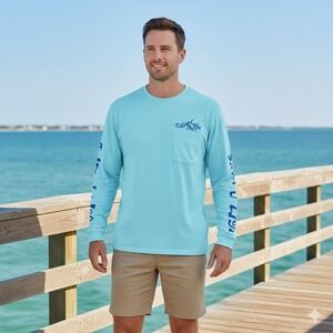 Salt Life Mens Large Long Sleeve Performance Fishing Shirt Light Blue Pocket UV